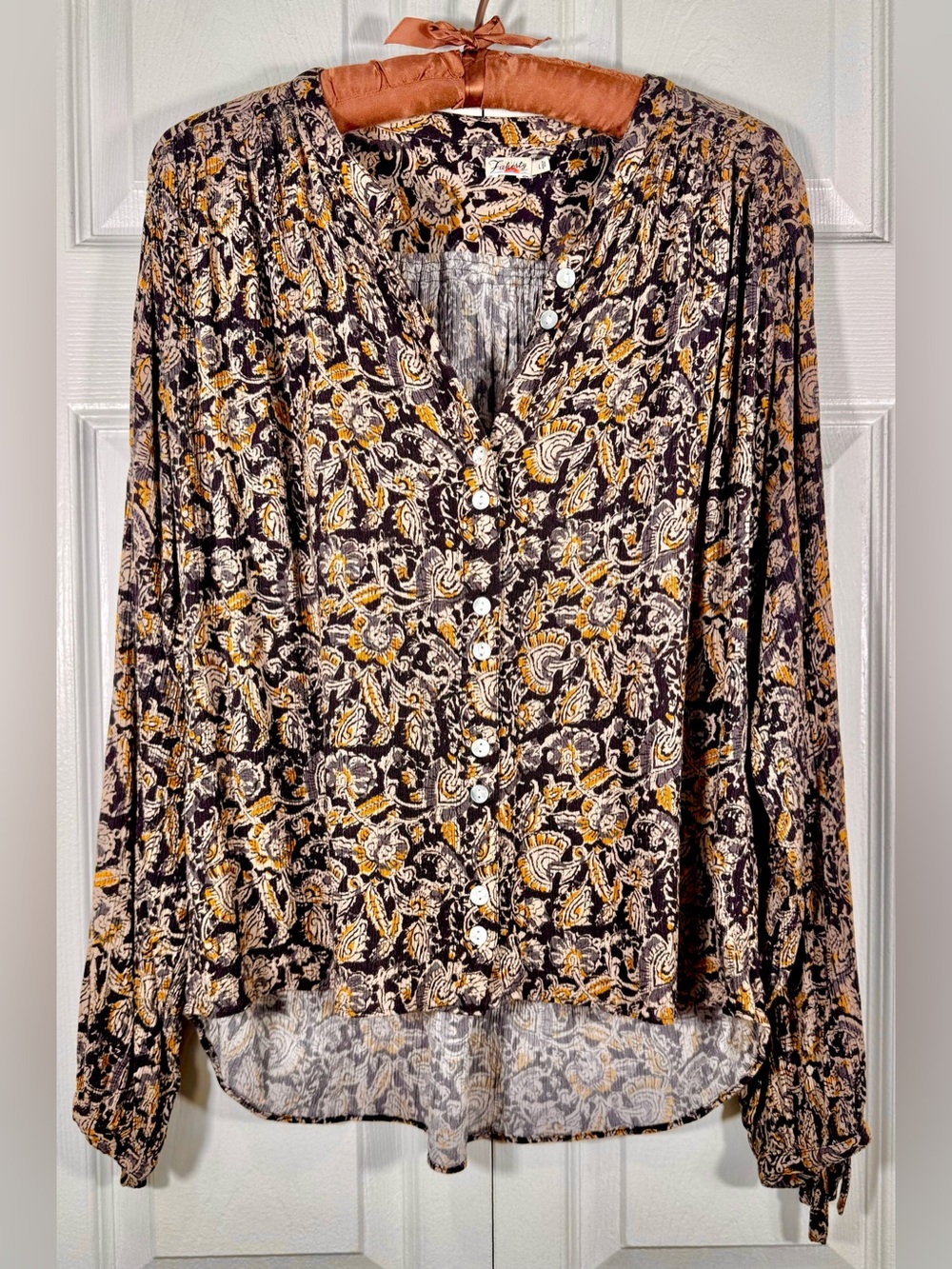 Faherty Everleigh Black Paisley Viscose Crepe Blouse Tie Cuff Top Large